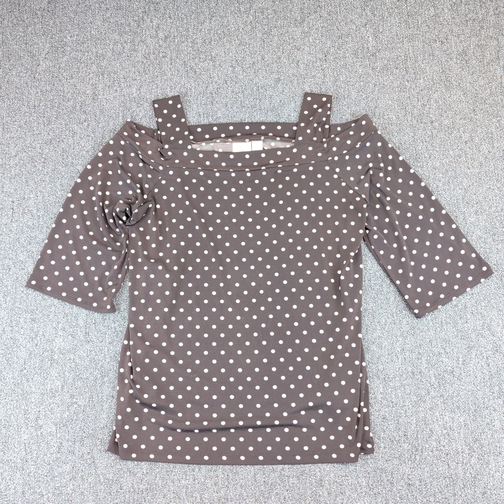 Chicos Retro Brown Polka Dot Cold Shoulder Top Women Size 2 Elbow Sleeve Stretch